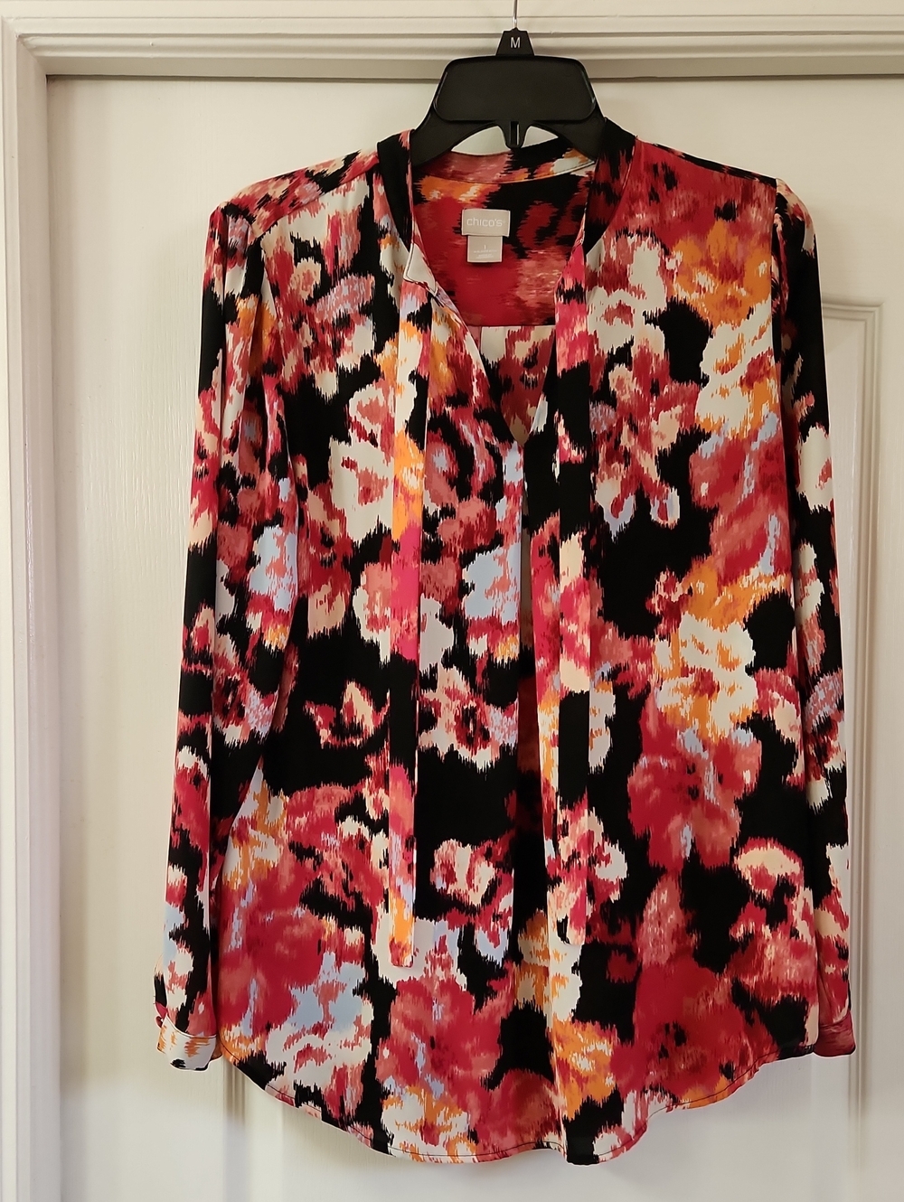 Chico's Black Floral Tie-Neck Blouse with Red, Orange and Cream Accents